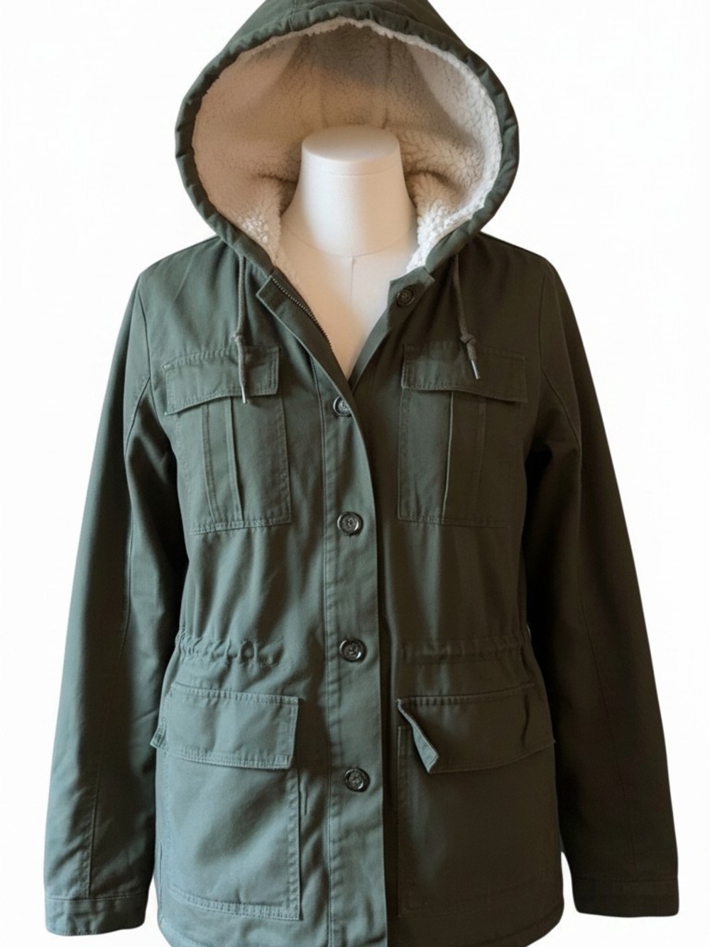 C&C California Olive Green Hooded Utility Jacket with Sherpa Lining